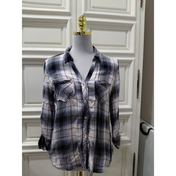 Tinsel Tops - Womens flannel soft size small black and white blue burgundy